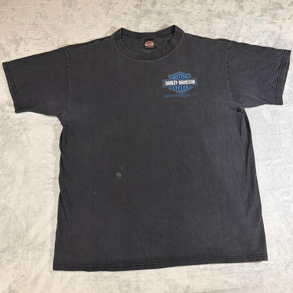 90s Vintage Harley-Davidson Powertrain Motorcycle T-Shirt | Faded Black | XL